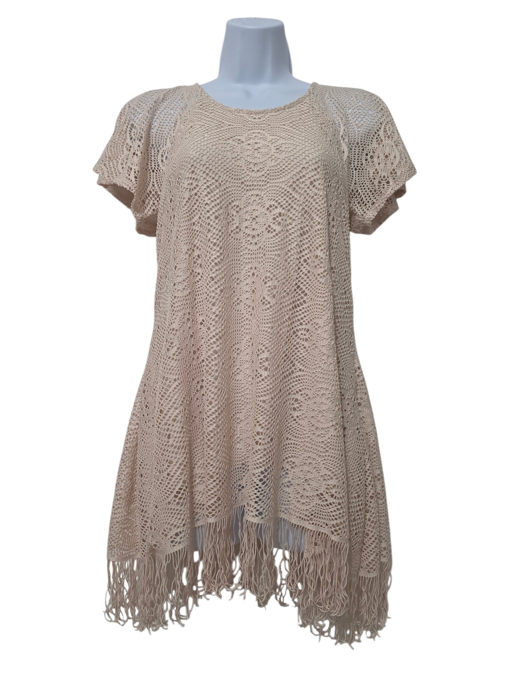 Cocomo | Crochet Lace Fringe Tunic Blouse Top Boho Beige Tassel Asymmetrical Hem